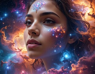 Portrait of a woman with ethereal galaxy elements, cosmic scene