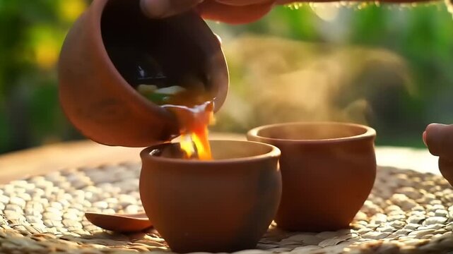 Pouring tea into clay cup outdoors.
