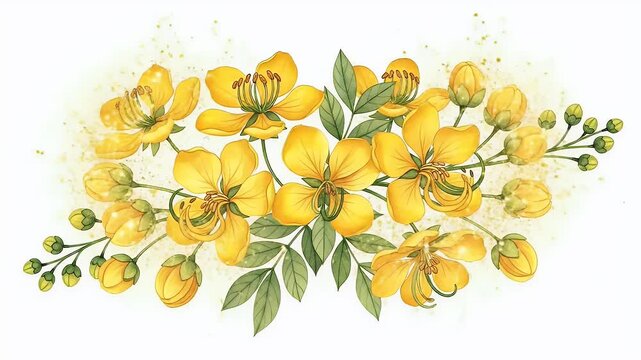 Golden Yellow Cassia Fistula Flower Cluster With Green Leaves And Gold Dust