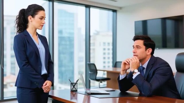 Young professional standing nervously in office facing strict boss after making a big mistake, tense workplace moment, anxiety, stress, accountability, professional pressure - Generative AI