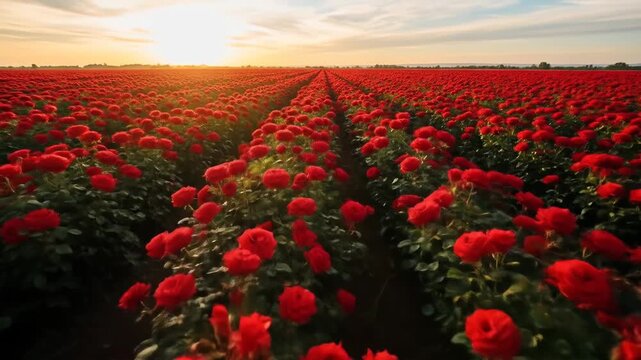 A vast field of vibrant red flowers stretches towards the horizon under a golden sunset.