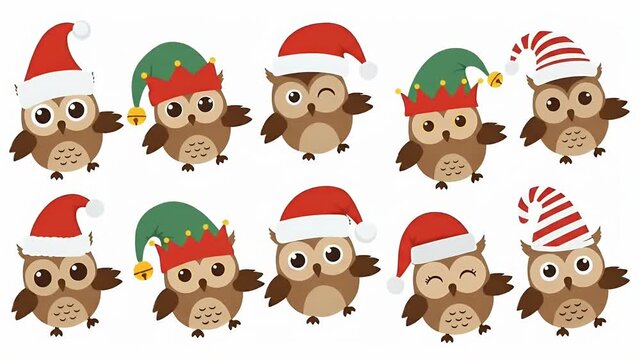 Cute Pixel Owls Wearing Santa Hats and Elf Hats for Christmas Celebrations
