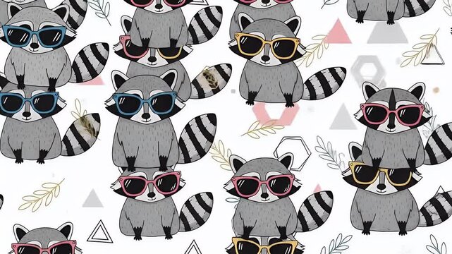 Cute Raccoons Wearing Sunglasses Pattern Cool Animals Background Footage Loop