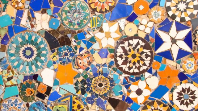 A vibrant mosaic of colorful tiles forming intricate geometric patterns and designs, creating an artistic display.