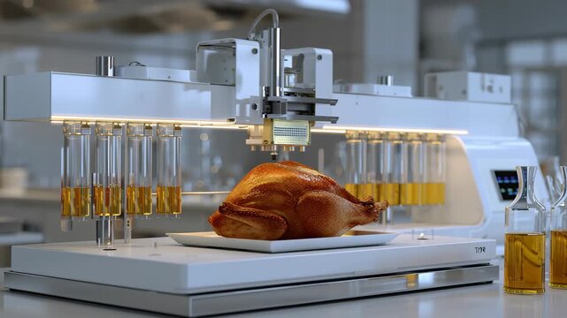 3D printing technology showcases a turkey being prepared with precision, highlighting innovative culinary techniques and equipment in action