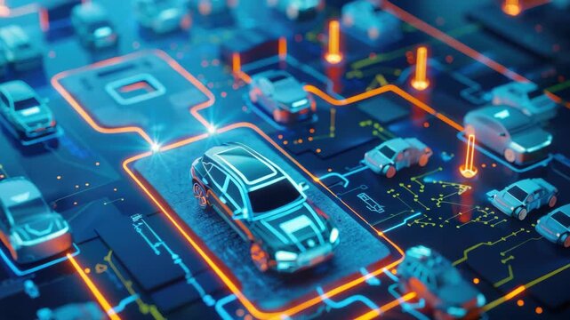 Futuristic circuit board design with cars, representing automotive technology integration