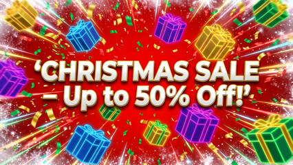Dynamic christmas sale advertising with 50 percent off amid confetti and gift boxes creates a lively holiday campaign
