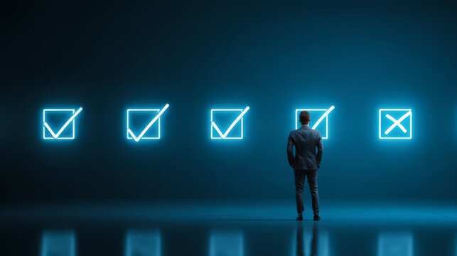 Man standing in front of glowing checkboxes with three checked and one unchecked, symbolizing decision making and evaluation