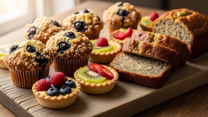 Assortment of Delicious Muffins, Tarts, and Banana Bread.
