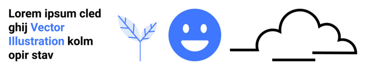 Fototapeta premium Graphic design, digital media, branding, technology, minimalism, web elements. Blue happy face, tree branch outline and cloud icon. Graphic design and digital media concept