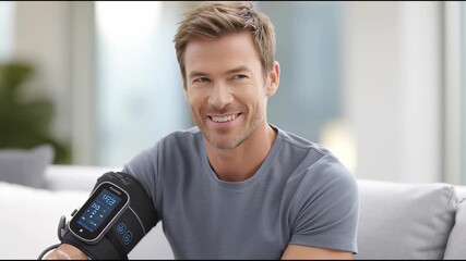 Man with blood pressure monitor smiles confidently while seated on a sofa, showcasing health awareness, camera zooms in on device display