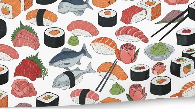 Cute Sushi Cartoon Pattern Animation on White Background Loop Animation