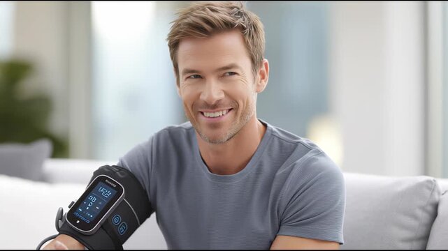 Man with blood pressure monitor smiles confidently while seated on a sofa, showcasing health awareness, camera zooms in on device display