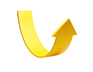 Glossy upward-curving gold arrow isolated on a black background