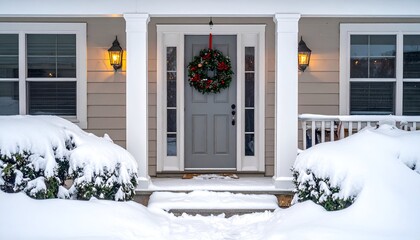 Cozy, snow-covered home facade with a wreath on the door, flanked by lights