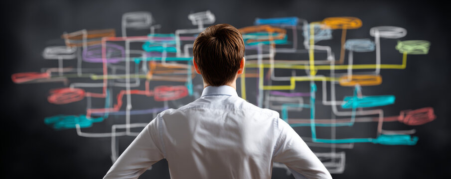 Man standing in front of blackboard with colorful flowchart lines, thinking and analyzing complex business strategy and planning