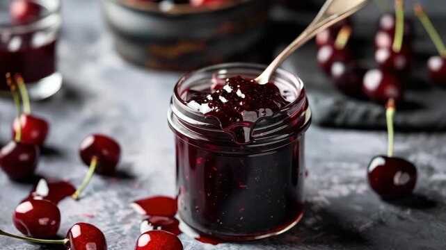 Glass jar of dark cherry jam with fresh cherries and spoon