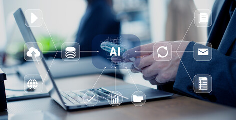 ビジネスシーン、デジタルワークフロー、クラウド、デジタルネットワークイメージ　AI活用とDX推進によるオフィス業務のデジタル変革コンセプトイメージ　