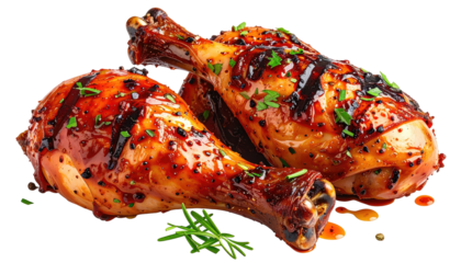 Two juicy, glistening grilled chicken drumsticks, seasoned with herbs