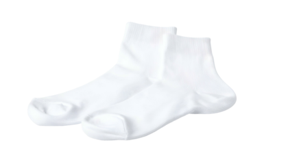 Two white, ankle-length socks displayed. One slightly behind the other, on black background