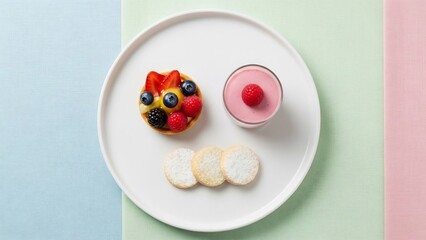 Colorful Dessert Plate - Fruit Tart, Yogurt, and Banana Slices.