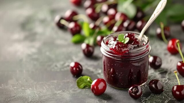 Jar of cherry jam with fresh cherries on dark surface