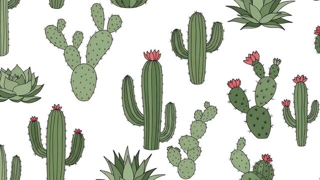Green Desert Cactus Plant Pattern White Background Animated Loop