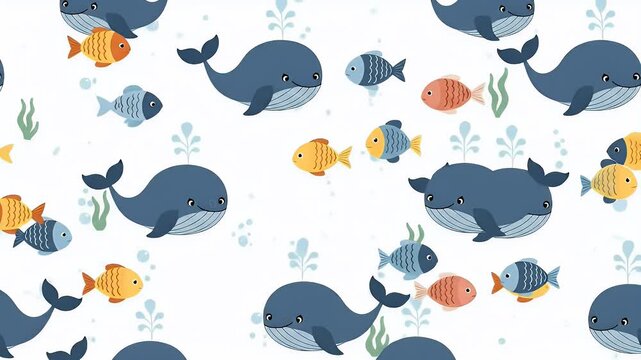 Cute Whale and Fish Pattern Animation Loop Playful Ocean Life