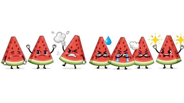 Cute Watermelon Slice Characters Expressing Various Emotions Set