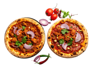 Two pizzas with meat, sauce, onions, and toppings with peppers
