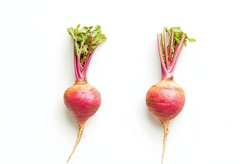 Fresh and Vibrant Purple Turnips with Green Leaves Isolated Background