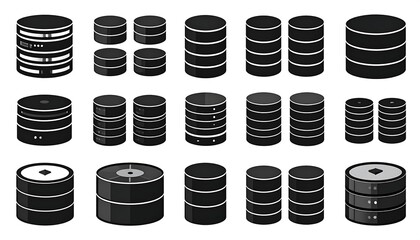 Several cylindrical black icons representing digital storage and information architecture. The arrangement includes single and stacked components