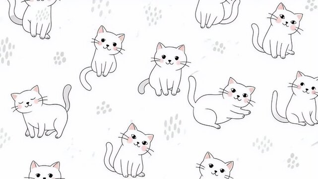 Cute White Kittens Animated Loop White Background Soft Grey Dashes