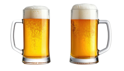 Two mugs filled with frothy golden beer, isolated on a black background