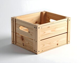 A square wooden crate, with handholds, is set against a white background