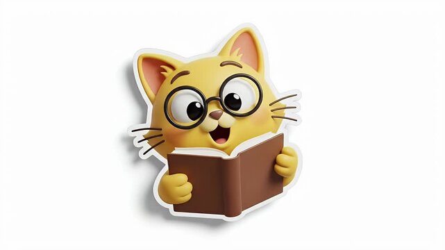 Cute Yellow Cat Wearing Glasses Reading a Book Animated Character