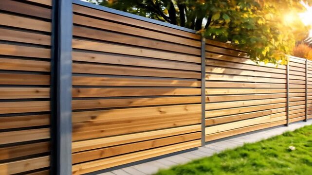 A modern wooden fence with horizontal slats provides privacy and a natural aesthetic in a residential setting.