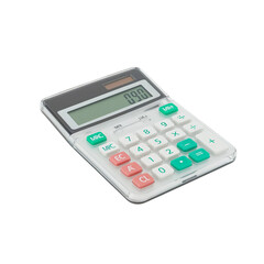 A white and grey electronic calculator with green and pink buttons isolated on transparent background