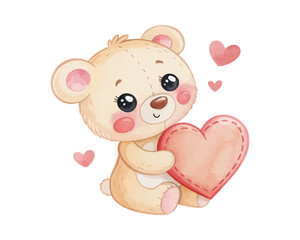 Cute Teddy Bear Holding Heart Watercolor Clipart isolated on white background
