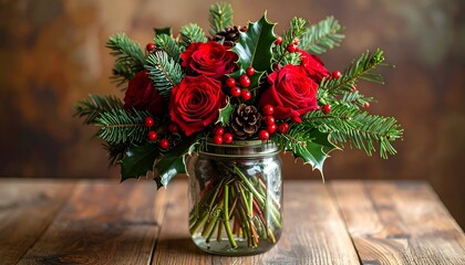 Festive floral arrangement of red roses, holly, and pine in a glass jar