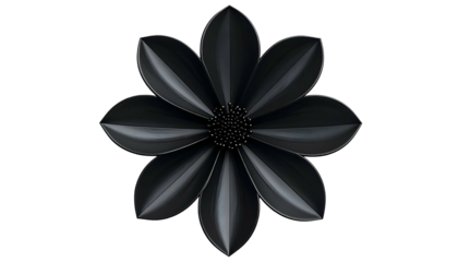 A photorealistic, centered, isolated black flower with pointed petals and dark center