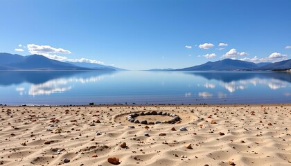 Serene Mountain Shoreline with Stone Circle and Reflective Water