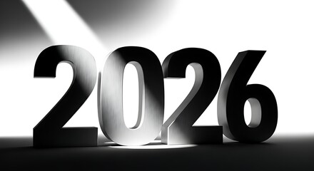 Cinematic shot of a massive, minimalist metallic '2026' sculpture, catching a single sharp beam of dramatic, high-contrast studio light. 