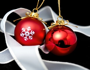 Red Christmas Ornaments with Gold Bows White Background