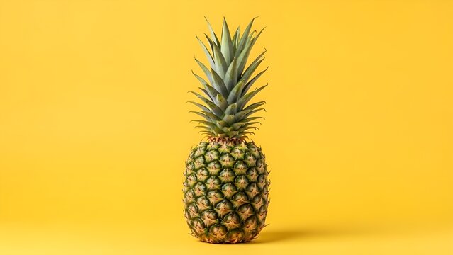Whole fresh pineapple with green leaves, isolated subject for tropical fruit and summer food photography concepts