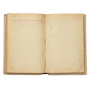 An antique open ledger book with aged yellowed pages filled with handwritten script isolated on transparent background