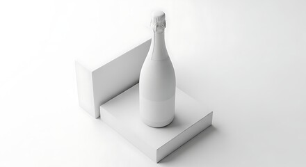 High quality mockup of a white luxury champagne bottle with blank design, frosted matte glass, slightly overhead view,