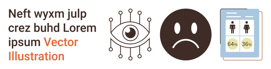 Fototapeta premium Data analysis, identity verification, digital privacy, emotional wellbeing, technology, gender statistics. Eye symbol and sad face next to demographic document. Identity verification and emotional