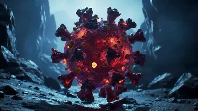 Rendered 3D virus in a dark environment.