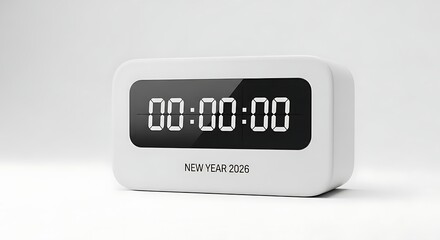 A 3D Render of a high-end, matte white ceramic digital countdown timer displaying 00:00:00 for the new year 2026,